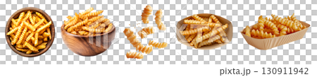 Crinkle cut wavy potato french fries fry, many angles and view side top front pile, paper boat plate, brown bowl, flying on transparent cutout, PNG file. Mockup template  130911942