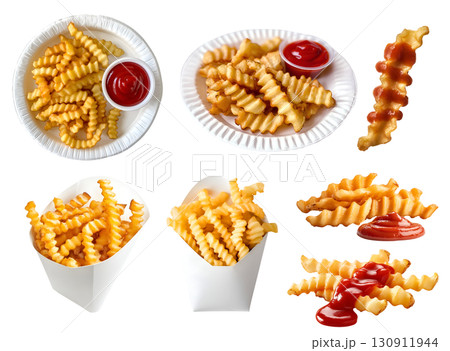 Crinkle cut wavy potato french fries fry, many angles and view side top front heap pile, paper wrap plate, tomato ketchup on transparent cutout, PNG file. Mockup template 130911944