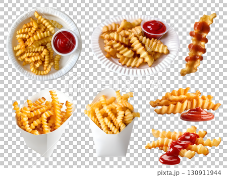 Crinkle cut wavy potato french fries fry, many angles and view side top front heap pile, paper wrap plate, tomato ketchup on transparent cutout, PNG file. Mockup template 130911944