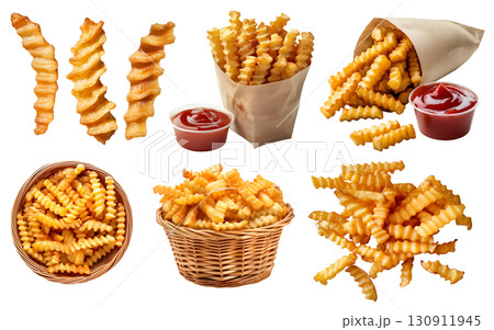 Crinkle cut wavy potato french fries fry, many angles and view side top front heap pile, paper wrap, basket, tomato ketchup on transparent cutout, PNG file. Mockup template 130911945