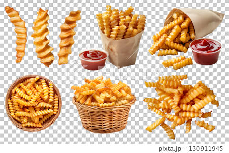 Crinkle cut wavy potato french fries fry, many angles and view side top front heap pile, paper wrap, basket, tomato ketchup on transparent cutout, PNG file. Mockup template 130911945