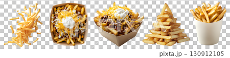 Potato french fries fry, many angles and view side top front heap pile, paper bucket, food tray, fly scattered, chili cheese sour cream on transparent cutout PNG. Mockup template for artwork Potato french fries fry, many angles and view side top front heap pile, paper bucket, food tray, fly scattered, chili cheese sour cream on transparent cutout PNG. Mockup template for artwork 130912105