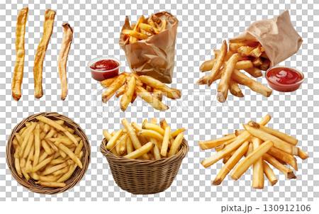 Potato french fries fry, many angles and view side top front heap pile, paper wrap, basket, tomato ketchup on transparent cutout, PNG file. Mockup template for artwork 130912106