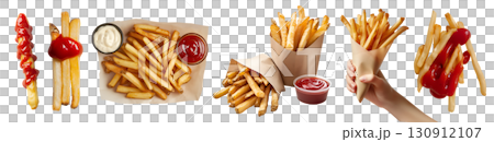 Potato french fries fry, many angles and view side top front heap pile, paper wrap, hand holding, tomato ketchup on transparent cutout PNG file. Mockup template 130912107