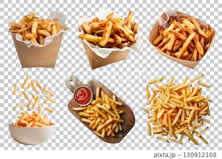 Potato french fries fry, many angles and view side top front heap pile bowl, paper plate, wooden serving tray, flying, tomato ketchup on transparent cutout PNG file. Mockup template 130912108