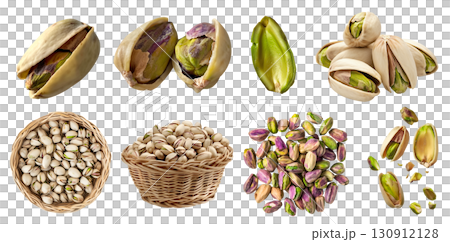 Pistachio pistachios nut seed fruit kernel, many angles view side top pile heap stack, basket, with husk shell, broken pieces isolated on transparent background cutout, PNG. Mockup 130912128