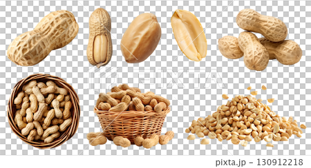 Peanuts Peanut groundnut goober pea nut seed fruit vegetable kernel, many angles view side top pile, basket, with hull shell, pieces isolated on transparent cutout PNG. Mockup template Peanuts Peanut groundnut goober pea nut seed fruit vegetable kernel, many angles view side top pile, basket, with hull shell, pieces isolated on transparent cutout PNG. Mockup template 130912218