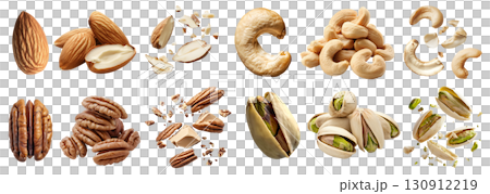 Collection of 4 nut seed fruit kernel, Almond, Cashew, Pecan, Pistachio, in whole stack and pieces on transparent background cutout PNG. Mockup template Collection of 4 nut seed fruit kernel, Almond, Cashew, Pecan, Pistachio, in whole stack and pieces on transparent background cutout PNG. Mockup template 130912219