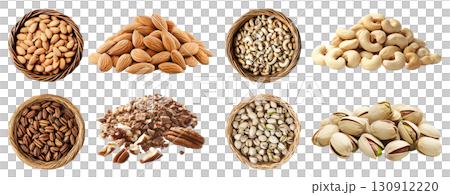 Collection of 4 nut seed fruit kernel, Almond, Cashew, Pecan, Pistachio, in basket pile stack group on transparent background cutout PNG. Mockup template 130912220