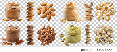 Collection of 4 nut seed fruit kernel set, Walnut, peanut groundnut, Hazelnut cobnuts filberts, Macadamia in jar Butter spread pile stack group on transparent cutout PNG. Mockup template 130912221