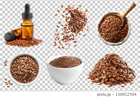 Flaxseed flax oil seeds seed nut fruit plant, many angles and view side pile stack group, essential oil, bowl, fly pieces, isolated on transparent cutout, PNG. Mockup template Flaxseed flax oil seeds seed nut fruit plant, many angles and view side pile stack group, essential oil, bowl, fly pieces, isolated on transparent cutout, PNG. Mockup template 130912504