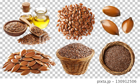 Flaxseed flax oil seeds seed nut fruit plant, many angles view pile heap stack, essential oil, basket, scoop, raw, isolated on transparent cutout, PNG. Mockup template 130912506
