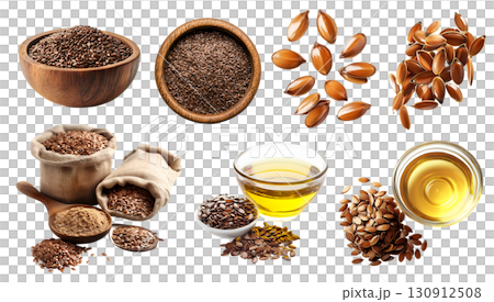 Flaxseed flax oil seeds seed nut fruit plant, many angles and view side pile stack group, essential cooking oil, bowl, fly, burlap sack, isolated on transparent cutout, PNG. Mockup template Flaxseed flax oil seeds seed nut fruit plant, many angles and view side pile stack group, essential cooking oil, bowl, fly, burlap sack, isolated on transparent cutout, PNG. Mockup template 130912508