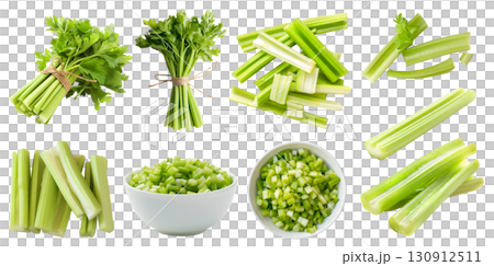 Celery celeries vegetable plant stem stalk, many angles view side top front pile stack, bowl, slice chop, bundle isolated on transparent cutout, PNG file. Mockup template 130912511