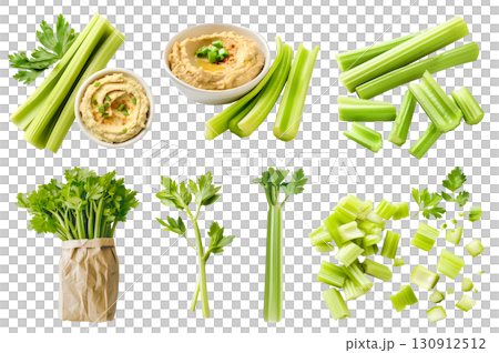 Celery celeries vegetable plant stem stalk, many angles view side top front, with hummus, slice chop paper wrap bundle isolated on transparent cutout, PNG file. Mockup template 130912512