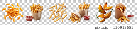 Collection of 3 potato fry chips, Potato wedges, french fries, Crinkle cut wavy in stack pile, packet paper wrap ketchup, fly scattered on transparent cutout PNG. Mockup template 130912683