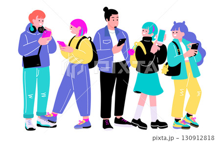 ポップでカラフルなZ世代の若者　スマートフォンを持つ人々のイラスト 130912818