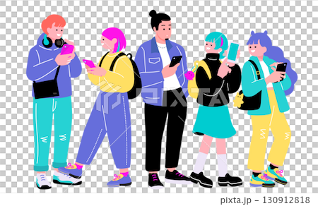 ポップでカラフルなZ世代の若者　スマートフォンを持つ人々のイラスト 130912818