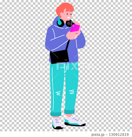Pop and colorful illustration of a young man of Generation Z holding a smartphone 130912819