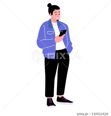 ポップでカラフルなZ世代の若者　スマートフォンを持つ男性のイラスト 130912820