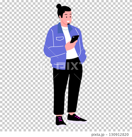 ポップでカラフルなZ世代の若者　スマートフォンを持つ男性のイラスト 130912820