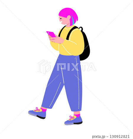 ポップでカラフルなZ世代の若者　スマートフォンを持つ女性のイラスト 130912821