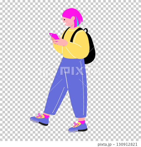 ポップでカラフルなZ世代の若者　スマートフォンを持つ女性のイラスト 130912821