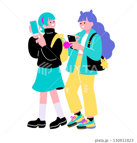 ポップでカラフルなZ世代の若者　スマートフォンを持つ女性のイラスト 130912823