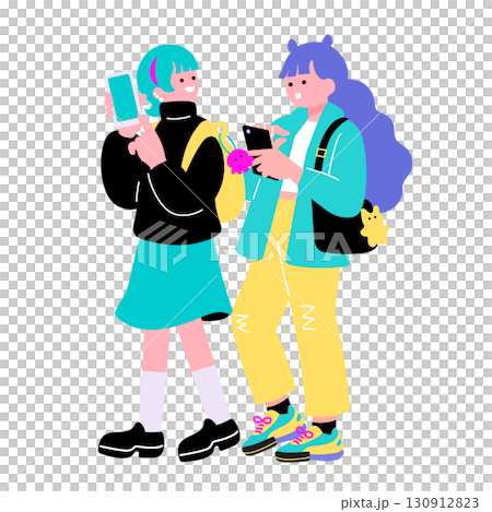 ポップでカラフルなZ世代の若者　スマートフォンを持つ女性のイラスト 130912823