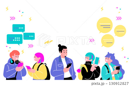 ポップでカラフルなZ世代の若者 スマートフォンを持つ人々のイラスト ポップでカラフルなZ世代の若者 スマートフォンを持つ人々のイラスト 130912827