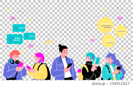 流行且色彩鮮豔的 Z 世代年輕人手持智慧型手機的插圖 130912827