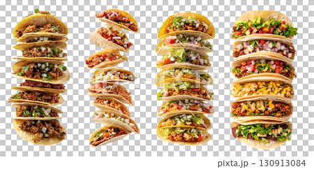 Collection of tall stack of Mexican hard soft shell tacos tortilla, with different ingredients salsa beef cheese chicken seafood, transparent background cutout PNG. Mockup template Collection of tall stack of Mexican hard soft shell tacos tortilla, with different ingredients salsa beef cheese chicken seafood, transparent background cutout PNG. Mockup template 130913084