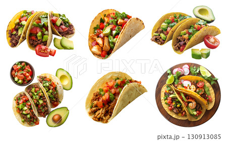 Collection of Mexican hard soft shell tacos tortilla, with different ingredients salsa guacamole beef cheese chicken seafood on transparent background cutout PNG. Mockup template 130913085