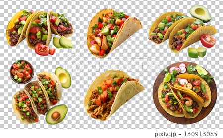 Collection of Mexican hard soft shell tacos tortilla, with different ingredients salsa guacamole beef cheese chicken seafood on transparent background cutout PNG. Mockup template 130913085