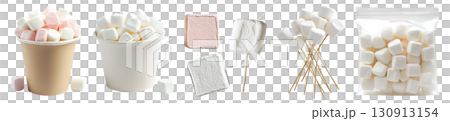 White pink fluffy marshmallow, on stick, paper bucket, packet pack foil, sweet dessert on transparent cutout PNG. Many assorted different angles, stack, pile. Mockup template 130913154