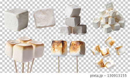 White fluffy marshmallow toasted, melted, on stick, sweet dessert on transparent cutout PNG. Many assorted different angles, stack, fly pile. Mockup template 130913155