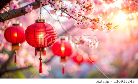 Chinese Lanterns Hanging on a Cherry Blossom Tree Chinese Lanterns Hanging on a Cherry Blossom Tree 130913245