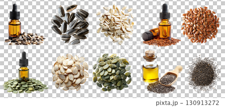 Collection of 4 seeds seed nut fruit kernel set, Sunflower, pumpkin, chia, flax in essential oil, stack pile top overhead view on transparent background cutout PNG. Mockup template 130913272