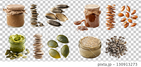 Collection of 4 seeds seed nut fruit kernel set, Sunflower, pumpkin, chia, flax in jar bottle butter, stack pile on transparent background cutout PNG. Mockup 130913273