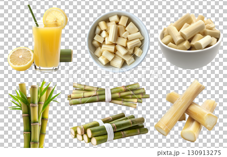 Sugarcane vegetable plant grass stem stalk crop, many angle view side top front, bowl slice bundle, juice with lemon, fibre peel extract isolated on transparent cutout PNG. Mockup template 130913275