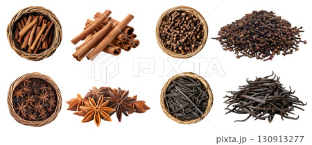 Collection of 4 set basket spice plant flavouring fragrance bud herb, Clove cloves, cinnamon, star anise, vanilla pod in whole stack pile on transparent cutout PNG. Mockup template 130913277