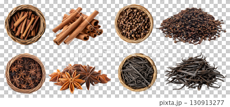 Collection of 4 set basket spice plant flavouring fragrance bud herb, Clove cloves, cinnamon, star anise, vanilla pod in whole stack pile on transparent cutout PNG. Mockup template 130913277