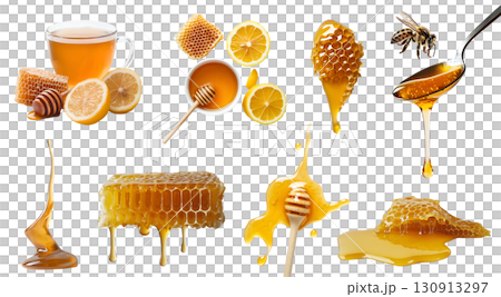 Collection set of Honeycomb beeswax, honey dripping drip dipper, splash splatter drop serve, bee, tea drink with lemon on transparent cutout PNG file. Many style. Mockup template Collection set of Honeycomb beeswax, honey dripping drip dipper, splash splatter drop serve, bee, tea drink with lemon on transparent cutout PNG file. Many style. Mockup template 130913297