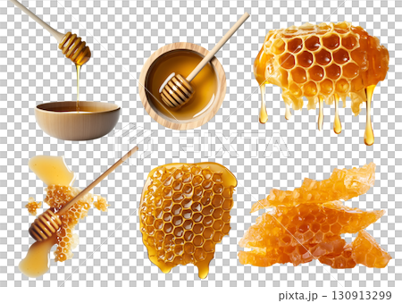 Collection set of Honeycomb beeswax, honey dripping drip dipper, splash splatter drop serve, wooden bowl on transparent cutout PNG file. Many style. Mockup template 130913299