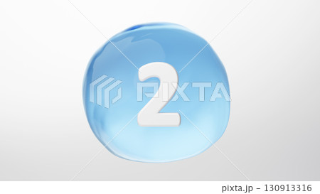 白背景に水滴のような球体に数字の2。青い水滴。3D（横長） 130913316