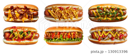 Set of hotdog hot dog frankfurter frank wiener bun sandwich, top view with different ingredients vegetable beef pork onion cheese mustard ketchup on transparent cutout PNG. Mockup 130913396