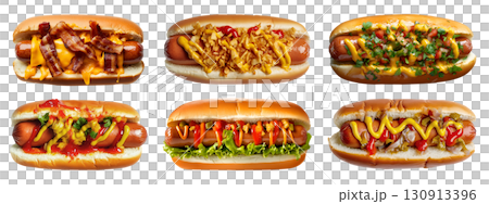 Set of hotdog hot dog frankfurter frank wiener bun sandwich, top view with different ingredients vegetable beef pork onion cheese mustard ketchup on transparent cutout PNG. Mockup 130913396