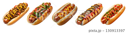 Set of hotdog hot dog frankfurter frank wiener bun sandwich, with different ingredients vegetables beef cheese lettuce mustard ketchup on transparent background cutout PNG. Mockup 130913397