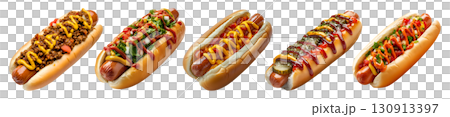Set of hotdog hot dog frankfurter frank wiener bun sandwich, with different ingredients vegetables beef cheese lettuce mustard ketchup on transparent background cutout PNG. Mockup 130913397