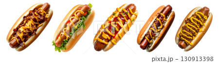 Set of hotdog hot dog frankfurter frank wiener bun sandwich, with different ingredients vegan beef cheese lettuce mustard ketchup on transparent background cutout PNG. Mockup 130913398